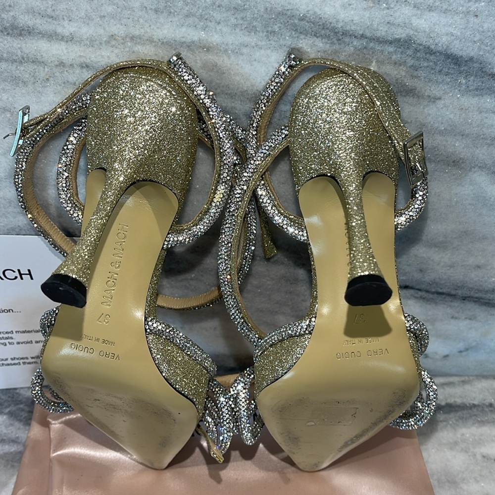 Mach and Mach Double Bow Gold Glitter High Heels with Silver Bow size 37 - Picture 5 of 8